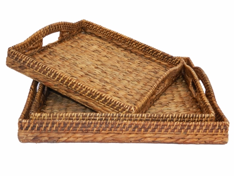 3pc square water hyacinth tray with rattan handles